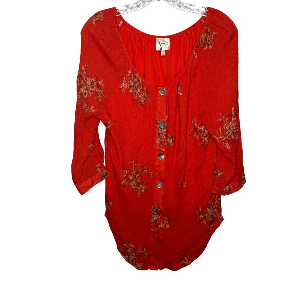 Fig and Flower Red Embroidered Button Down Blouse Size L Boho Peasant Tunic Top